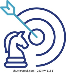 The combination icon of the chess horse piece with the target and the right strategy arrow will lead to accurate and successful goal achievement.