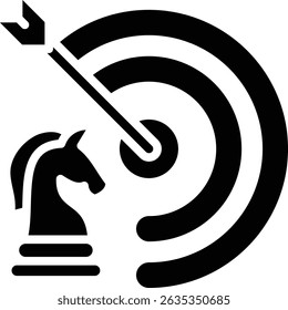 The combination icon of the chess horse piece with the target and the right strategy arrow will lead to accurate and successful goal achievement.