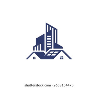 Combination icon of traditional house roofs and modern skyscrapers. A creative representation of residential and commercial real estate. Ideal for property developers, construction companies, and real