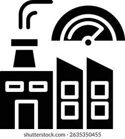 Uma combinação de ícones de uma fábrica e um sistema que monitora parâmetros ou desempenho para monitoramento e controle remoto de máquinas, linhas de produção ou ambientes de fábrica.
