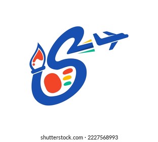combination of initial letter S, paint brush, and plane logo design template. isolated on white background.