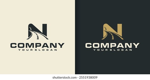 Combinação do design inicial do logotipo N com o ícone Estrada. Logotipo para empresa de transporte e logística