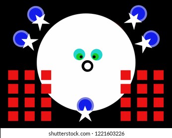 The combination of a large circle with a small star and a circle makes for a big head cartoon but the small trunk.The small red squares on both sides.The background is black.