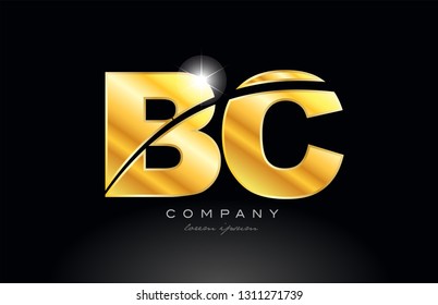 combination letter bc b c gold golden alphabet logo icon design with metal look on black background suitable for a company or business