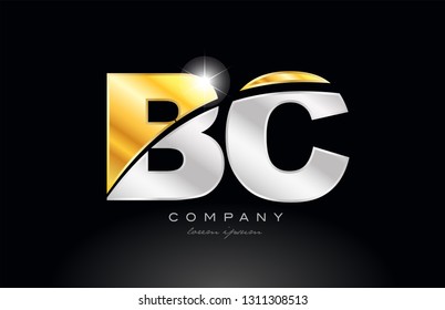 combination letter bc b c alphabet logo icon design with gold silver grey metal on black background suitable for a company or business