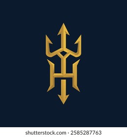 a combination of the letter h and the trident symbol with a golden shiny effect and a dark background