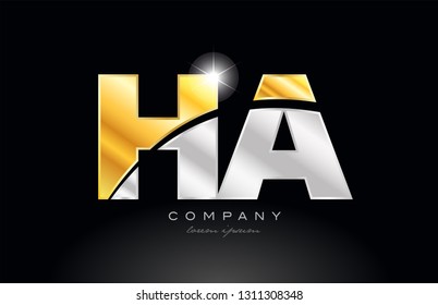 combination letter ha h a alphabet logo icon design with gold silver grey metal on black background suitable for a company or business