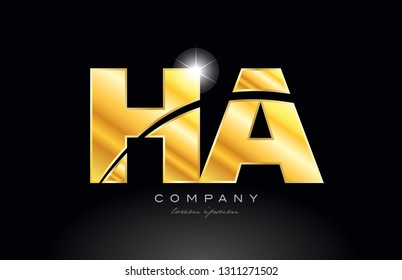 combination letter ha h a gold golden alphabet logo icon design with metal look on black background suitable for a company or business