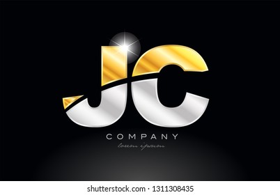 combination letter jc j c alphabet logo icon design with gold silver grey metal on black background suitable for a company or business