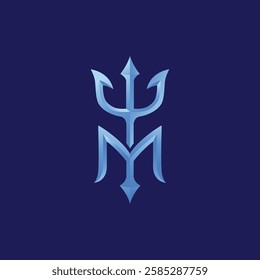 a combination of the letter m and the trident symbol with a blue shiny color and a blue background