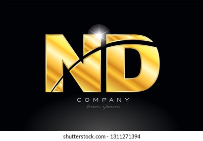 combination letter nd n d gold golden alphabet logo icon design with metal look on black background suitable for a company or business