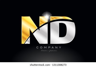 combination letter ND N D alphabet logo icon design with gold silver grey metal on black background suitable for a company or business