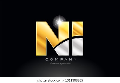 combination letter NI N I alphabet logo icon design with gold silver grey metal on black background suitable for a company or business