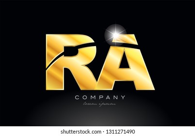 combination letter ra r a gold golden alphabet logo icon design with metal look on black background suitable for a company or business