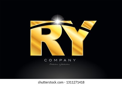combination letter ry r y gold golden alphabet logo icon design with metal look on black background suitable for a company or business