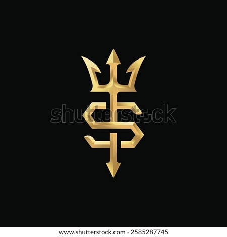 a combination of the letter s and the trident symbol with a golden shiny effect and a dark background