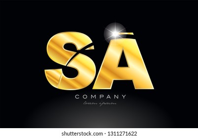 combination letter sa s a gold golden alphabet logo icon design with metal look on black background suitable for a company or business