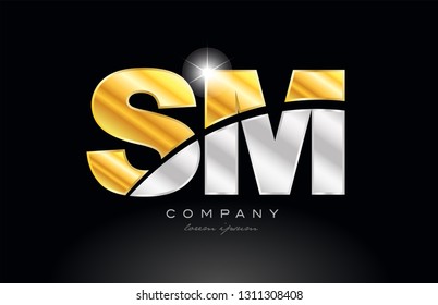 combination letter sm s m alphabet logo icon design with gold silver grey metal on black background suitable for a company or business