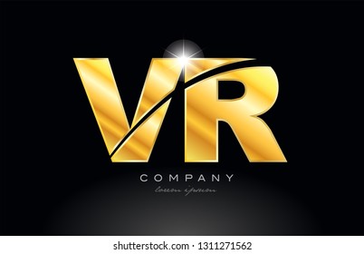 combination letter vr v r gold golden alphabet logo icon design with metal look on black background suitable for a company or business