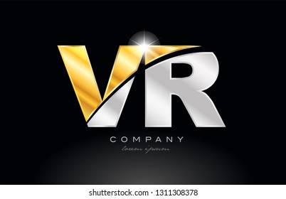 combination letter vr v r alphabet logo icon design with gold silver grey metal on black background suitable for a company or business