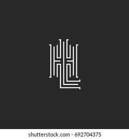 Combination letters HL logo hipster simple monogram, intersection thin line LH wedding emblem mockup, overlapping two initials H L typography design element template