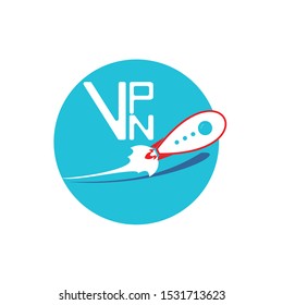 Combination of letters VPN with rocket illustrates internet speed. Virtual Private Network