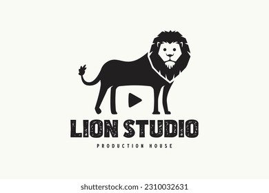 Combination of lion and play button to represent film studio, movie production or cinema business logo