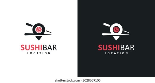 combination of location symbol shapes and sushi shapes with chopsticks vector logo. Symbol or icon of traditional Japanese food cuisine.