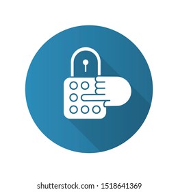 Combination lock blue flat design long shadow glyph icon. House security. Password, code, safe padlock. Home protection. Secured door entry, limited access. Vector silhouette illustration