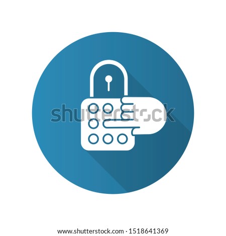 Combination lock blue flat design long shadow glyph icon. House security. Password, code, safe padlock. Home protection. Secured door entry, limited access. Vector silhouette illustration
