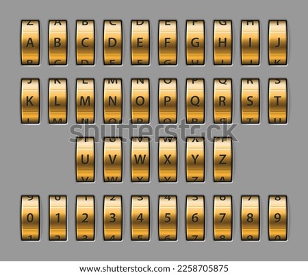 Combination lock font. Realistic gold mechanical code