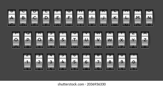 Combination lock font. Realistic mechanical code. Rotating alphabet. Bank safe wheels set with letters and numbers. Secret options. Spinning elements kit. Vector vault signs variation