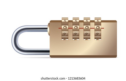 Combination lock, golden color. Padlock. For protection and safety. Realistic image for design. Isolated on white background, vector illustration.