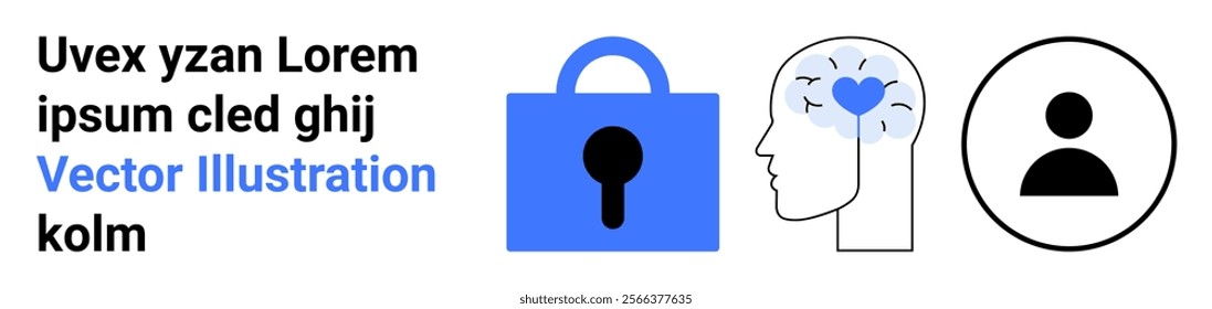 Combination of a lock, a human head with mental health symbols, and a user profile. Ideal for security, mental health awareness, personal data protection, user identification, and web services