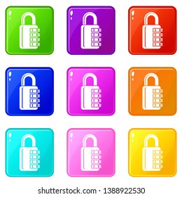 Combination lock icons set 9 color collection isolated on white for any design