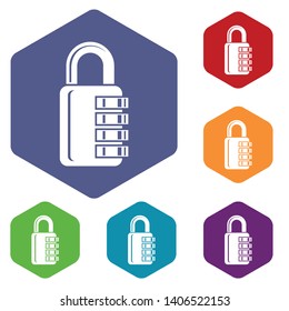 Combination lock icons vector colorful hexahedron set collection isolated on white
