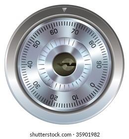 Combination Lock With Keyhole.  Typically Found On A Bank Or Gun Safe.  Dial Operation Is Fully Detailed Along With An Accurate Keyhole.  Security Symbol.