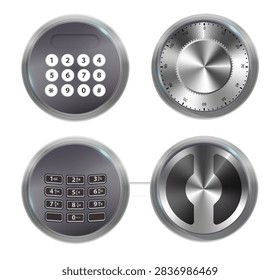 Combination Lock Padlock 3D Set Security Padlocks with Number Code Dials and Safe Strongbox Vault Locker , Isolated on Transparent Background. Vector
