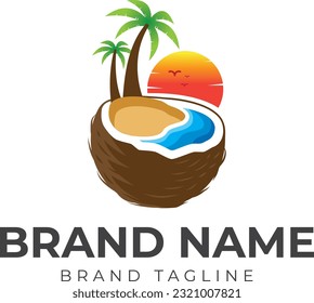 combination logo made from coconut below the beach logo. logo template.