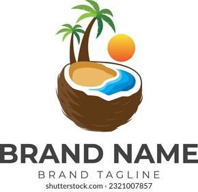 combination logo made from coconut below the beach logo. logo template.