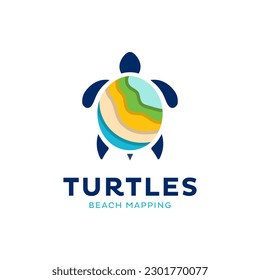 Combination logo of sea turtle and coastal land map. It is suitable for use as a coastline mapping logo.