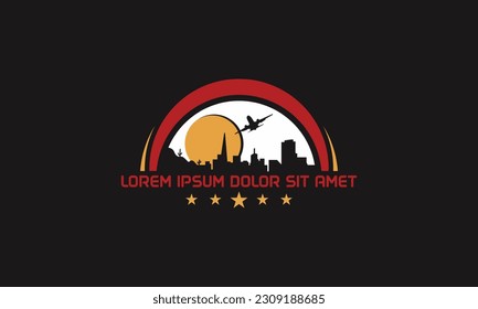 combination logo style with airplane, sky, sunset, and cityscape silhouette