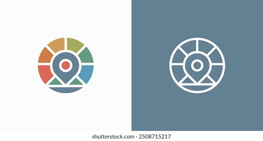 Um logotipo combinado que combina a forma de uma montanha, um pino de localização e um raio de sol. Ícone para negócios, exterior, viagens e marca pessoal.