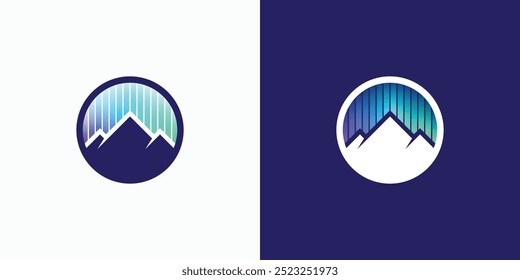 Logo de combinación que combina la forma de una montaña y la luz de la aurora. Icono para negocios, exteriores, viajes y marca personal.