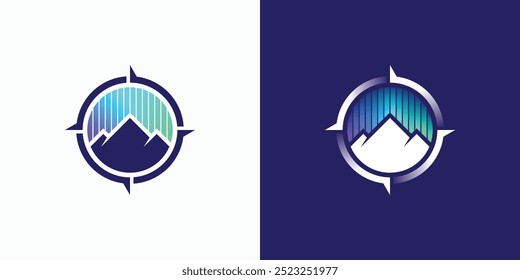 Logo combinado que combina la forma de una montaña, una brújula y una luz de aurora. Icono para negocios, exteriores, viajes y marca personal.