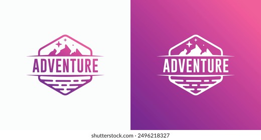 Ein Kombinationslogo, das die Formen von Bergen, Wasser und Sonnenlicht kombiniert. Icons für Business, Outdoor, Reisen und Personal Branding.