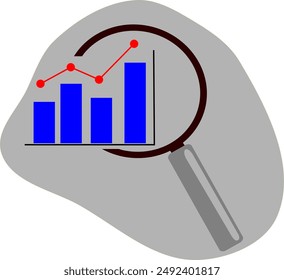 Combinación del logotipo de la lupa cubierto en gráficos. Ilustración vectorial plana, análisis de datos. fondo gris
