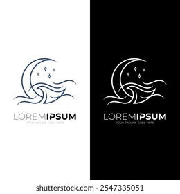 combination of moon and sea wave logo, line style