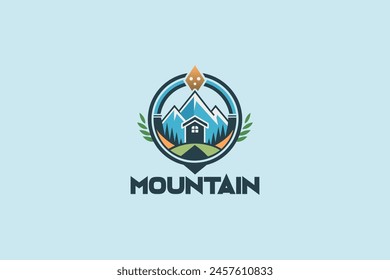 A combination of a mountain logo with little cottages surrounded by nature represents a nature reserve community that reserves and provides mountaineering and camping equipment.