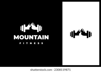 a combination of mountain, river, mountain, and barbell. mountain fitness or gym logo design